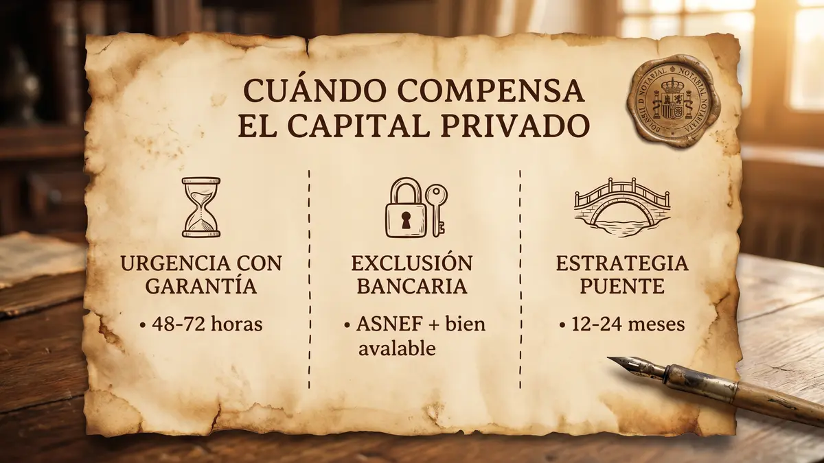 Infografía de los tres escenarios en los que compensa el capital privado: urgencia con garantía real (48-72 horas), exclusión bancaria temporal con bien avalable (ASNEF reciente) y estrategia puente a 12-24 meses, sobre pergamino con sello notarial