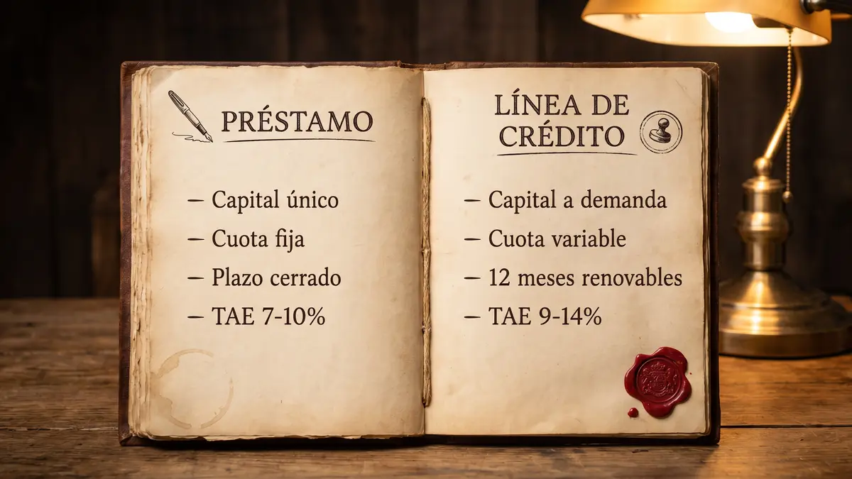 Comparativa editorial en forma de libro abierto: página izquierda 'Préstamo' con capital único, cuota fija, plazo cerrado y TAE 7-10 %; página derecha 'Línea de crédito' con capital a demanda, cuota variable, 12 meses renovables y TAE 9-14 %